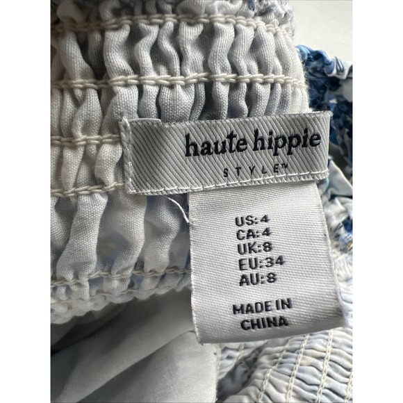 Haute Hippie Ruffle‎ Floral Blue Midi Dress Sz 4 Tiered Peasant Boho Smocked - Picture 7 of 9